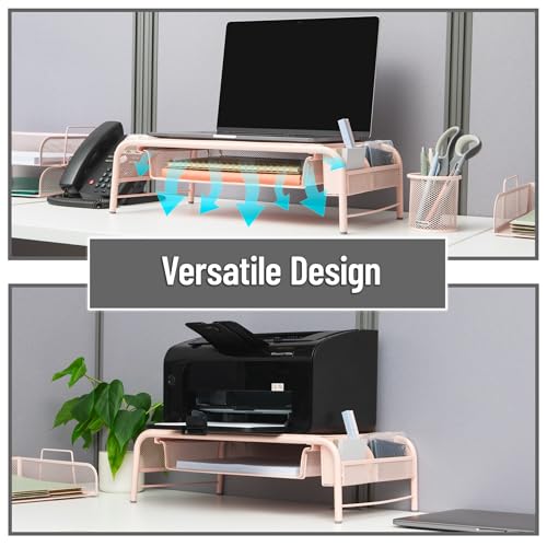 Mind Reader Monitor Stand, Ventilated Laptop Riser, Paper Tray, Storage, Office, Metal Mesh, 20"L x 11.5"W x 5.5"H, Pink - color: Pink
