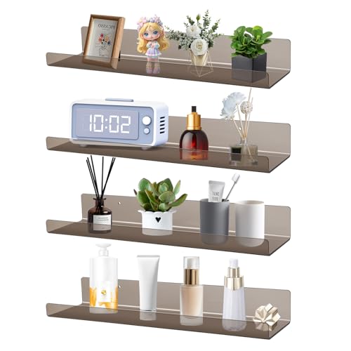 Dezzer 4 Pack Acrylic Shelves for Wall, 15" Acrylic Floating Shelves for Bathroom Bedroom, Invisible Bookshelf Wall Ledge Storage Shelf Books Perfume Toys Action Figure Display Shelves, Clear Gray - style: 15 inch 4-pack Gray