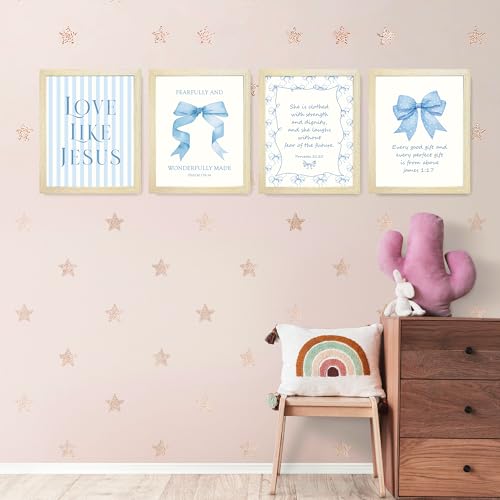 LARTSFRO Coquette Blue Bow Jesus Wall Art Decor Posters, Light Blue Bow Room Bedroom Bathroom Dorm Wall Art Decor Aesthetic for College Teen Girls Gifts, Inspirational Bible Verses Bow Wall Decor, 10x8 Inch Set of 4 Bow Pictures (WOOD-GRAIN IMITATION FRAM