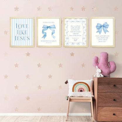 LARTSFRO Coquette Blue Bow Jesus Wall Art Decor Posters, Light Blue Bow Room Bedroom Bathroom Dorm Wall Art Decor Aesthetic for College Teen Girls Gifts, Inspirational Bible Verses Bow Wall Decor, 10x8 Inch Set of 4 Bow Pictures (WOOD-GRAIN IMITATION FRAM
