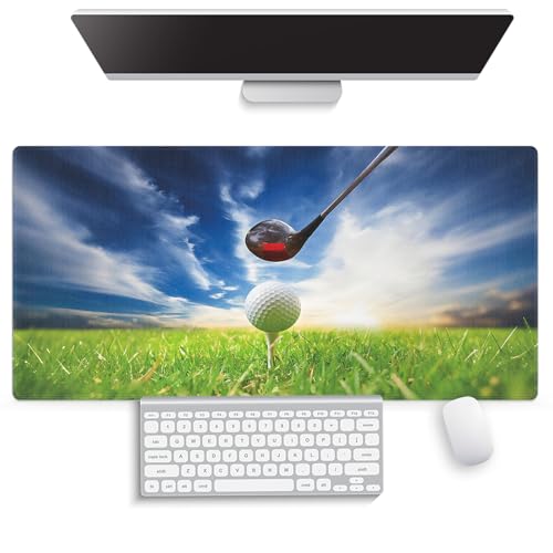 Large Gaming Mouse Pad (31.5" x 15.8") - Golf Club Themed Macro Photography Print of Lofter and Ball on Tee Sports, Extra XXL Office Accessories, Premium Stitched Anti-Slip Office Desk Mat - color: Golf Design