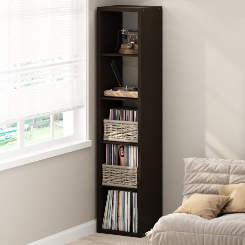 Furinno Cubicle Record Player Stand with Vinyl Storage, 5-Cube 1.2 Extra Thick Vinyl Record Storage, Open Back Media Shelf for CD DVD Blueray Game Disc, for Living Room, Home Office, Black Dark Oak - color: Black Dark Oak, size: Extra Thick, 5-Cube Vertic