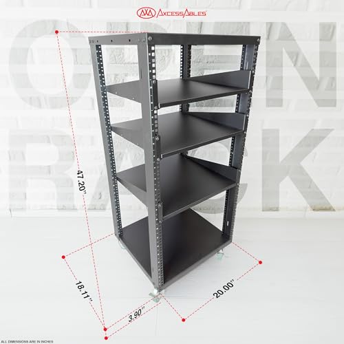 AxcessAbles 22U Open Frame Network & AV Rack with Caster Wheels, Three 2U Shelves, 10-32 & Cage Nut Compatible Rails, Cage Nuts, Screws, Cage Nut Tool & Wall Mount Kit | 19-Inch Equipment Rack - size: 22U - 3 Shelves