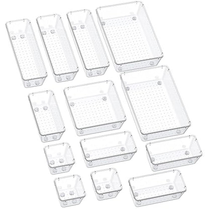 SMARTAKE 13-Piece Drawer Organizers with Non-Slip Silicone Pads, 5-Size Desk Bathroom Drawer Organizer Trays Storage Tray for Makeup, Jewelries, Utensils in Bedroom Dresser, Office and Kitchen, Clear - size: 13 PCS