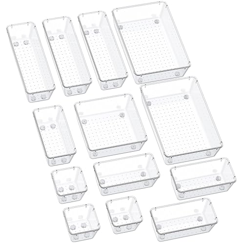 SMARTAKE 13-Piece Drawer Organizers with Non-Slip Silicone Pads, 5-Size Desk Bathroom Drawer Organizer Trays Storage Tray for Makeup, Jewelries, Utensils in Bedroom Dresser, Office and Kitchen, Clear - size: 13 PCS