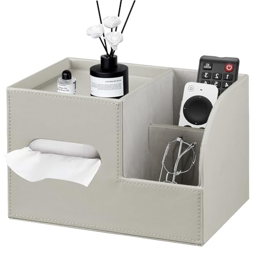 PU Leather Tissue Box Cover Square,Tissue Box Holder Organizer with Storage Tray and Remote Control Holder for Bathroom Countertop Night Stands Bedroom Office Desk,Napkin Caddy Decorative Grey - color: Khaki