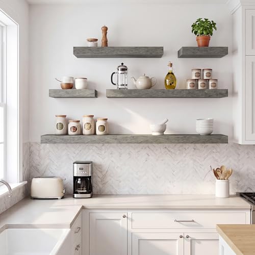 RICHFOCUS 28Inch Floating Shelves for Wall 2 Pack Shelves for Bedroom|Kitchen|Bathroom|Laundry Room Rustic Wood Wall Mounted Shelf with Invisible Brackets for Books|Storage|Decor, Grey - color: Grey, size: 28"L x 8"D, Set of 2