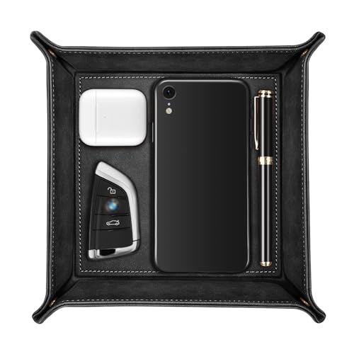 SITHON Valet Tray Desktop Storage Organizer – Premium PU Leather Catchall Bedside Vanity Tray Nightstand Caddy Holder for Keys, Phone, Wallet, Coin, Jewelry, Valentine's Day Gift, Black - color: Black
