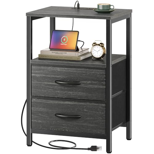 Huuger Nightstand with Charging Station, Fabric Drawers, End Table with Open Shelf, Bedside Table with USB Ports and Outlets, Night Stand for Bedroom, Charcoal Black Wood Grain Print - color: Charcoal Black Wood Grain Print, size: 11.8"d X 15.7"w X 23.6"h
