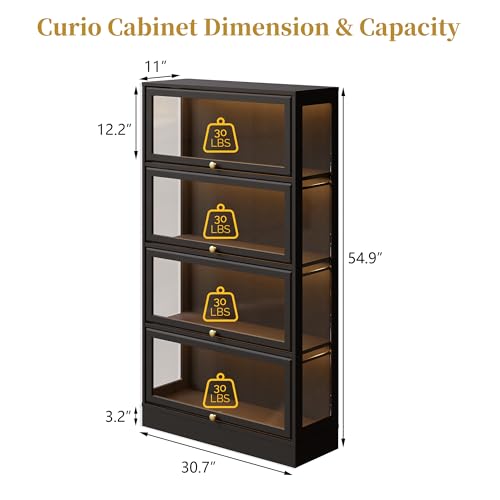 Display Cabinet with Acrylic Glass Doors,4-Tiers Curio Cabinet with LED Lighting for Collectibles, Collectibles Toy Organizers Rack & Display Shelf Display Case Storage Cabinet, Black - color: Black, size: 31" W x 55" H