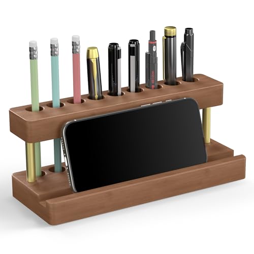 Wooden Holder for Office Desk, Solid Wood Pen Display Stand With 9 Slots and Cell Phone Holder, Aesthetic Pen Organizer for Minimalist Office Desk Decor (Wood+Gold) - color: Wood+Gold