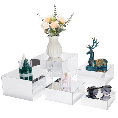 Acrylic Risers for Display 5 Pcs, Food Risers for Party Silver Display Stands Box Nesting Display for Jewelry Bag Cosmetics Catering Dessert Collectibles - color: Sliver-5pc