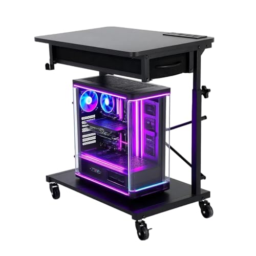 PC Tower Stand, Computer Tower Stand Under Desk，PC Stand for Floor with Drawer & 2 Lockable Castors，2 Tier Computer Cart for ATX Case，Office，Game Rooms，Study Room