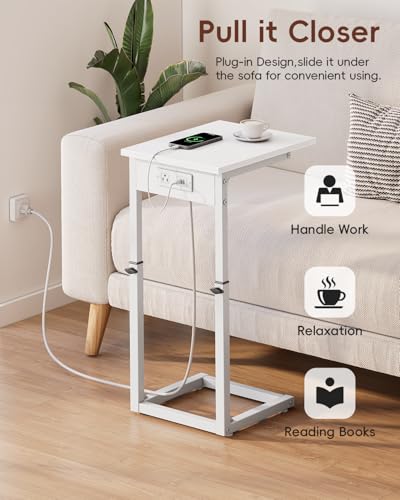 Vagusicc C Shaped End Table with Charging Station, C Table End Table Adjustable Height Sofa Table, Side Table for Couch, Couch Table that Slide Under, TV Tray Arm Table for Living Room,Bedroom, White - color: White, style: Charging Station