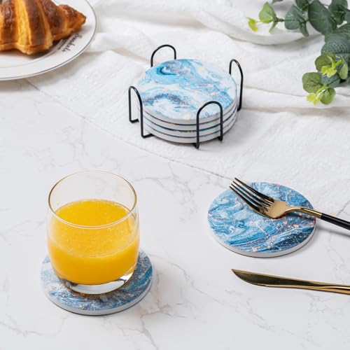 Hoewina 6Pcs Drink Coasters with Holder, Marble Style Ceramic Drink Coaster, Absorbent Coasters Set Suitable for Kinds of Cups, Modern Style Coaster for Coffee Table, 4 Inches（Style 9） - color: Style 9