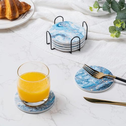Hoewina 6Pcs Drink Coasters with Holder, Marble Style Ceramic Drink Coaster, Absorbent Coasters Set Suitable for Kinds of Cups, Modern Style Coaster for Coffee Table, 4 Inches（Style 9） - color: Style 9