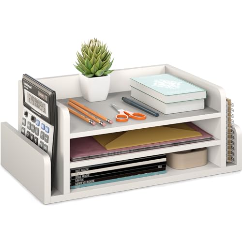 Ballucci 3-Tier Desk Organizer with 2 Side Mail Sorter Slots, Wood Letter Tray, Open Top Paper Organizer, Desktop File Organizer, White - color: White