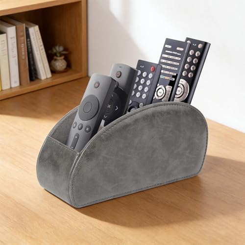 TV Remote Control Holder with 5 Compartments,Pu Leather Remote Caddy/Tray Bedside Table Desk Storage Organizer for DVD, Blu-Ray, Media Player, Heater Controllers andMakeup storage box (Grey) - color: Grey