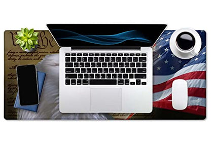 SSOIU Bald Eagle on American Flag Mouse Pad 35.5 X 15.7 Inch XXL Full Desk Mousepad Extended Large Non-Slip Rubber Base Waterproof Big Keyboard Mat with Stitched Edges for Gaming and Office - color: Bald Eagle on American Flag