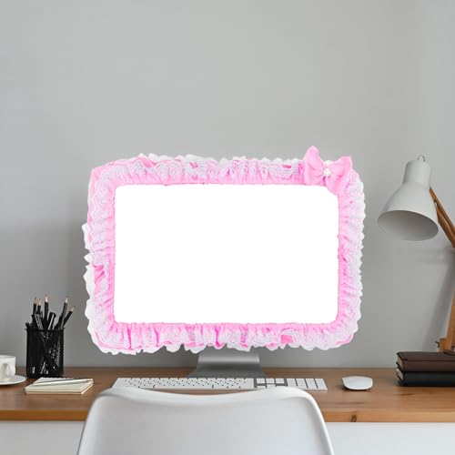 Cute Pink Lace 23"-27" Computer Monitor Screen Dust Cover with Bowknot | Lovely Pink Bow | Lace Trim | Adjustable Elastic Band - color: Pink & White Dot