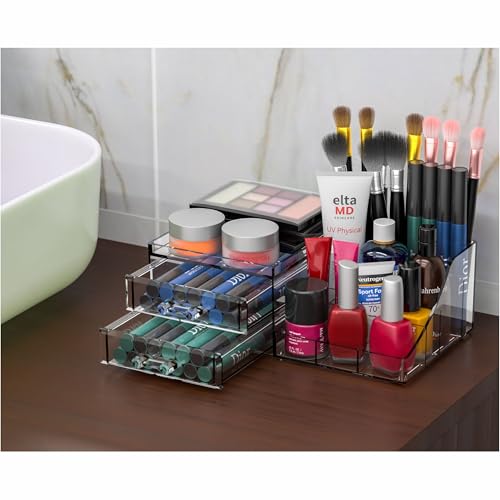 Acrylic Small Makeup Organizer with Drawers,Clear Skincare Organizer for Vanity,Dresser,Bathroom Countertop,Cute Cosmetic Organizer for Lip Gloss,Makeup Brush,Beauty,Skin Care and Cosmetic Storage - size: 2 Drawers-Set of 1