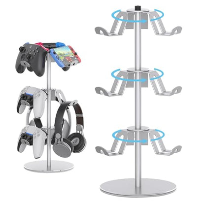 Controller Stand Compatible with Xbox PS5 PS4 Nintendo Switch Pro, 3 Tier Aluminum Gaming Headset Stand, Rotatable Headphone Controller Holder Organizer Rack, Universal & Large Capacity, Silver - color: Silver