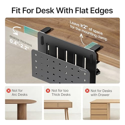 Under Desk Storage Organizer, Laptop Holder Stand with Pegboard Design, Holds 22lbs, Clamp on Desk Organizer, Fits 0.4"-2.2" Desktop Edge, Black - color: Black