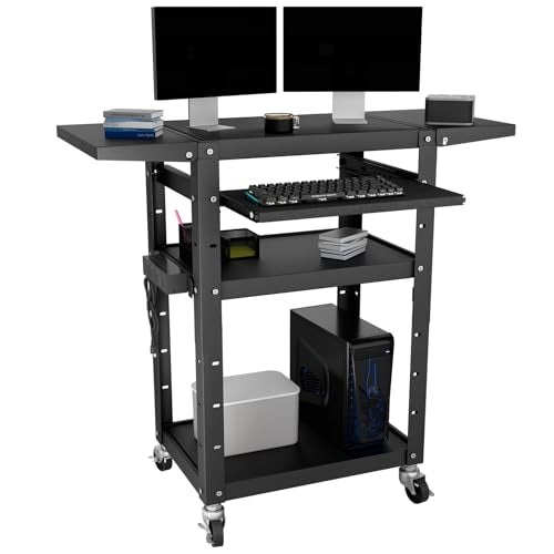 Mobile AV Cart with Pullout Keyboard Tray, Rolling Computer Cart Height Adjustable Rolling Media Utility Cart with 4 Wheels, 4 Outlets, Perfect for Home or Office Us