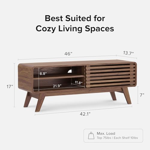 mopio Ensley 46" TV Stand with Slatted Door, Mid Century Modern Entertainment Center for 55/60/65 inch TV, Farmhouse Media Console with Storage, Adjustable Shelves, Round Edges, Living Room (Walnut) - color: Walnut, size: 46 inch Low