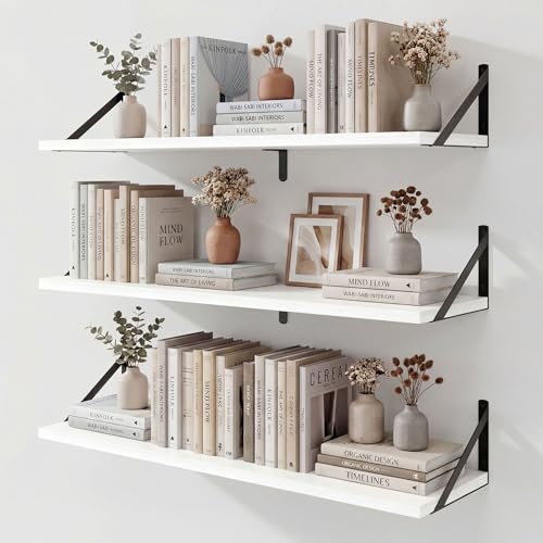 Fun Memories Floating Shelves for Wall, 36 Inches Long Set of 3 Wall Shelves for Bedroom, Floating Bookshelves with Metal Brackets for Living Room, Kitchen, Bedroom and Laundry Room (White) - color: White, size: 36"W x 8"D