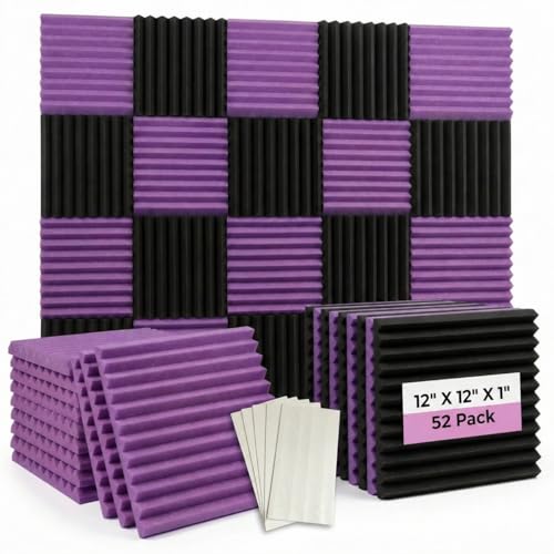 52 Pack 12 "X 12 "X1" Acoustic Panels Studio Soundproofing Foam Wedge Tiles(Accompanied By Double-Sided Adhesive Tape) (24Black+24purple) - color: 26Black+26purple