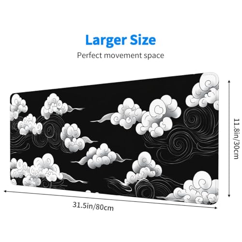 Cloud Desk Mat Oriental Wind Swirl Asian Ink Black Sky Art Mousepad XL Large Gaming Mouse Pad Laptop Keyboard Mat Desk Pad Daily Use with Keyboard and Laptop Devices 31.5x11.8 Inch - color: Cloud