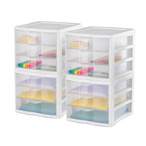 Sterilite 4-Pack 3 Drawer Unit, Stackable Plastic Organizer with Drawers, White Frame - Multi-Purpose Countertop Storage Containers for Office Supplies, Craft Rooms, Classrooms and Home Organization