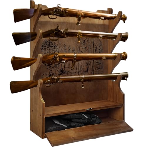 Yuntau Four Gun Wooden Gun Display Rack with Cabinet Storage Compartment and Soft Pad for Rifle Accessories Shotgun Rifle Rack for Wall Mount Home Indoor Decor - style: Deer Pattern