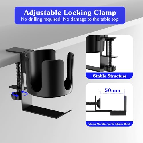 Desk Cup Holder Clip On with Buckle Clamp Hook,Deeper Drink Table Holder for Water Bottles & Coffee Mugs Bags Headphone Hanger,Adjustable Large Metal Clamp for Office & Gaming,Home,Black - size: 3.94"L x 3.94"W x 5.51"H