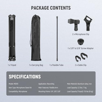 NEEWER Microphone Stand with Flexible Arm, Boom Arm Mic Floor Tripod Mount Holder with Mic Clips, 3/8" to 5/8" Adapter, Cable Clips for Singing Vlogging Live Streaming Video Recording, MS010
