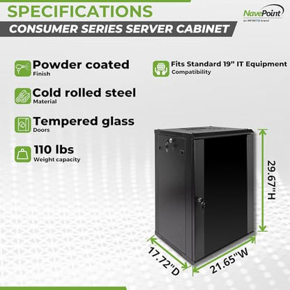 NavePoint 15U Wall Mount Consumer Series Server Cabinet Network Enclosure Locks, Fan - size: 15U