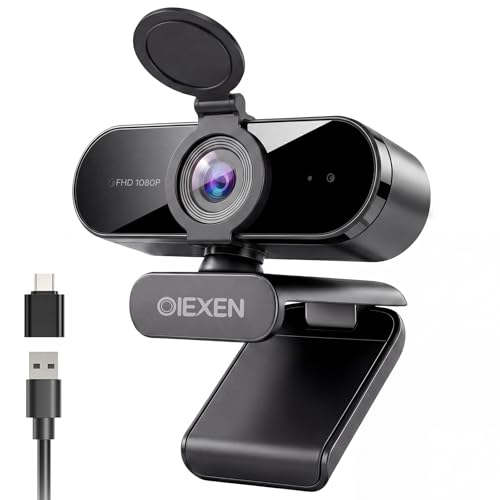 1080P Webcam with Microphone Noise Reduction, Auto Exposure, 90°FOV Wide Angle, Privacy Cover, USB-A to C Adapter, Plug & Play Streaming Camera for PC/Mac/Switch 2, Zoom/Teams/Skype/Meetings