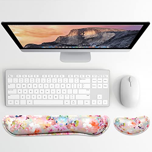 Dapesuom Enlarge Keyboard Wrist Rest, Memory Foam Wrist Cushion for Desk Mats Support, Cute Flower Pain Relief Keyboard Mouse Pad Rests Set with Non-Slip Base for Gaming Laptop Office, Peonies Floral - color: Pink Peonies Floral