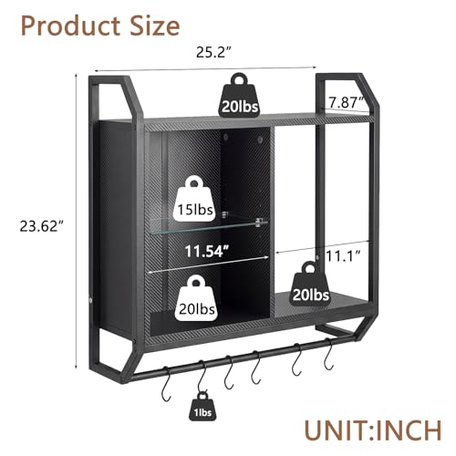 Gaming Floating Wall Shelves with Led Lights, Wall Mounted Shelf, 24" Led Lights and Adjustable Glass Bar Wine Shelf, Black Wall Shelf with 6 Hooks for Gaming Room Bedroom Living Room