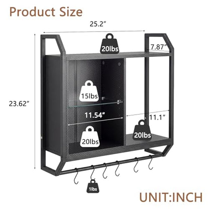 Gaming Floating Wall Shelves with Led Lights, Wall Mounted Shelf, 24" Led Lights and Adjustable Glass Bar Wine Shelf, Black Wall Shelf with 6 Hooks for Gaming Room Bedroom Living Room