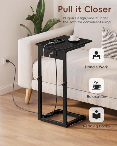 Vagusicc C Shaped End Table with Charging Station, 33"Tall C-Table End Table Adjustable Height Side Table for Couch, Couch Table That Slide Under Sofa Table TV Tray Table for Living Room,Bedroom,Black - color: Black, style: Charging Station