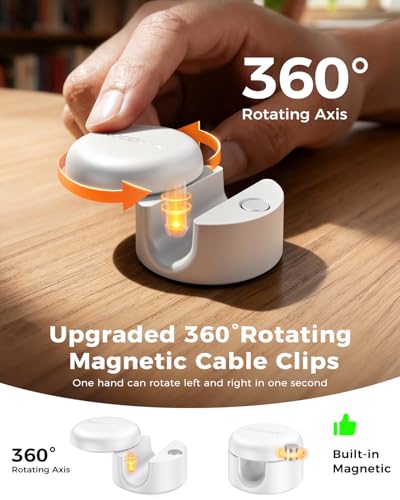 9-Pack Cable Clips [Upgraded], Rocoren Magnetic 360° Rotatable Cord Holder, Adhesive Cable Management Organizer, Wire Keeper for Nightstand Desk Car Home Office Accessories White - color: White