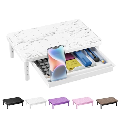 WALI Computer Monitor Stand with Storage, Desk Monitor Riser 3 Height Adjustable, Laptop Riser with Airflow Vents, Desk Organizer for Computer, Laptop, Printer (PTT002-M), 1 Pack, Marble - color: Marble, size: 14.6"L * 9.3"W,11" 1 Drawer