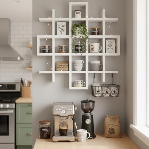 Suzile Oversize Coffee Mug Display Rack Wooden Display Shelves Rustic Wooden Floating Curio Shelf Travel Wall Mounted Coffee Mug Rack Holder Shadow Box Shelf(5.1x5.1x3in,White) - color: White