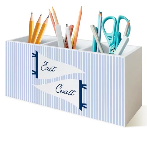 Blue East Coast Beach Pen Holder for Desk, Coastal Cowgirl Wooden Box Sign Desk Decor for Home Office Dorm, Beachy Toothbrush Holder Organizer for Bathroom Accessories - color: Blue East Coast