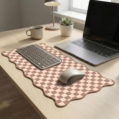 Scalloped Desk Mat Extended Large Cute Mouse Pad Big Desk Pad XXL Aesthetic Plaid Mousepad Checkered Gaming Mouse Pad for Computer Keyboard and Mouse Laptop Home Office 35.4X15.7Inches Brown Khaki - color: Brown, size: 35.4" x 15.7"