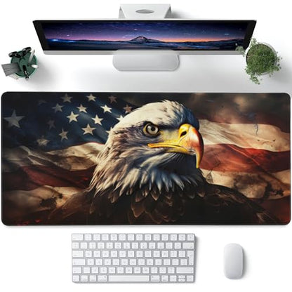 Desk Mat,American Bald Eagle Large Gaming Mouse Pad for Desk XXL,USA Flag Eagle Desk Pad,Extended Big Computer Keyboard Mouse Pad with Non-Slip Base and Stitched Edge 35.4"x15.7" - color: American Bald Eagle, size: XXL-35.4"x15.7"