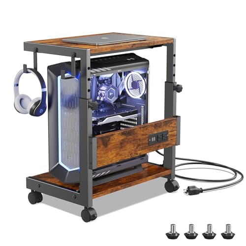 Computer Tower Stand with Charge Station and USB Charging Port - Height Adjustable PC Tower Stand, Under Desk CPU Holder Cart with Locking Caster Wheels for Fits Most PC - color: Brown