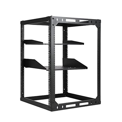 AEONS 15U Open Frame Network Server Rack 19-inch 4 Post AV Rack with Casters for Floor Standing and Wall Mount, Side Load for Extra Depth– Complete Kit with 1U and 2U Vented Shelves, Black - style: 15U-Kit